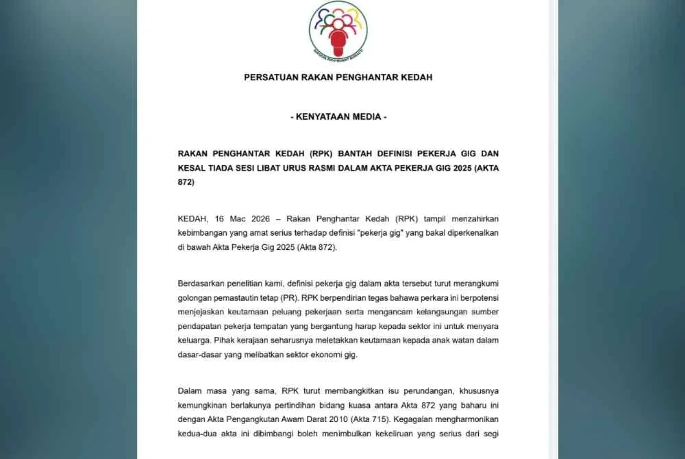Kenyataan dikeluarkan RPK pada Isnin.