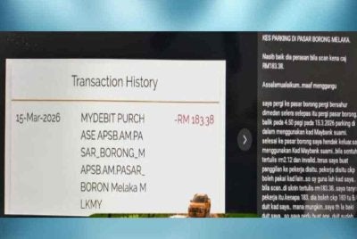 Tular perkongsian seorang wanita yang mendakwa dikenakan caj parkir berkenaan melalui transaksi menggunakan kad ATM miliknya di kawasan parkir Pasar Borong Melaka.