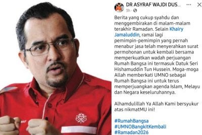 Hantaran Asyraf Wajdi berkaitan permohonan bekas pemimpin untuk menyertai UMNO. Foto FB Asyraf Wajdi
