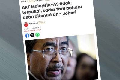 Laporan Sinar Harian pada Ahad berhubung status terkini perjanjina ARTI yang ditandatangai antara Malaysia-AS.