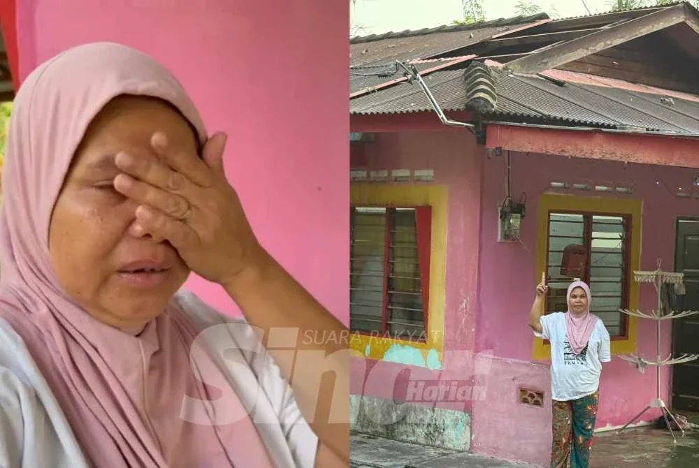 Ruzaimah tidak dapat menahan sebak selepas rumahnya rosak dilanda ribut.