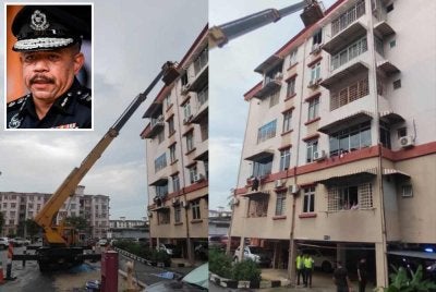 Lokasi kejadian melibatkan tiga mangsa yang terjatuh ketika menjalankan kerja penyelenggaraan di sebuah apartment di Subang Jaya pada Isnin. - Gambar kecil (Wan Azlan)