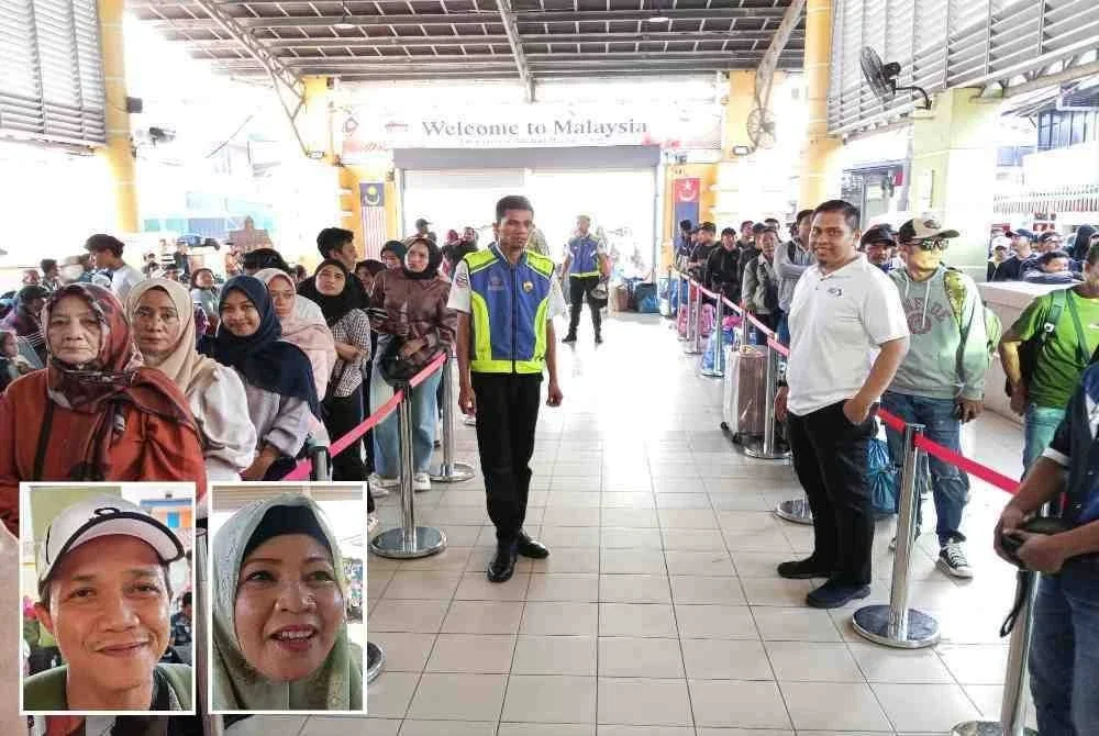 Terminal Feri Kukup sesak dengan perantau Indonesia pulang beraya. Gambar kecil: Mohd Toha, Yusliza