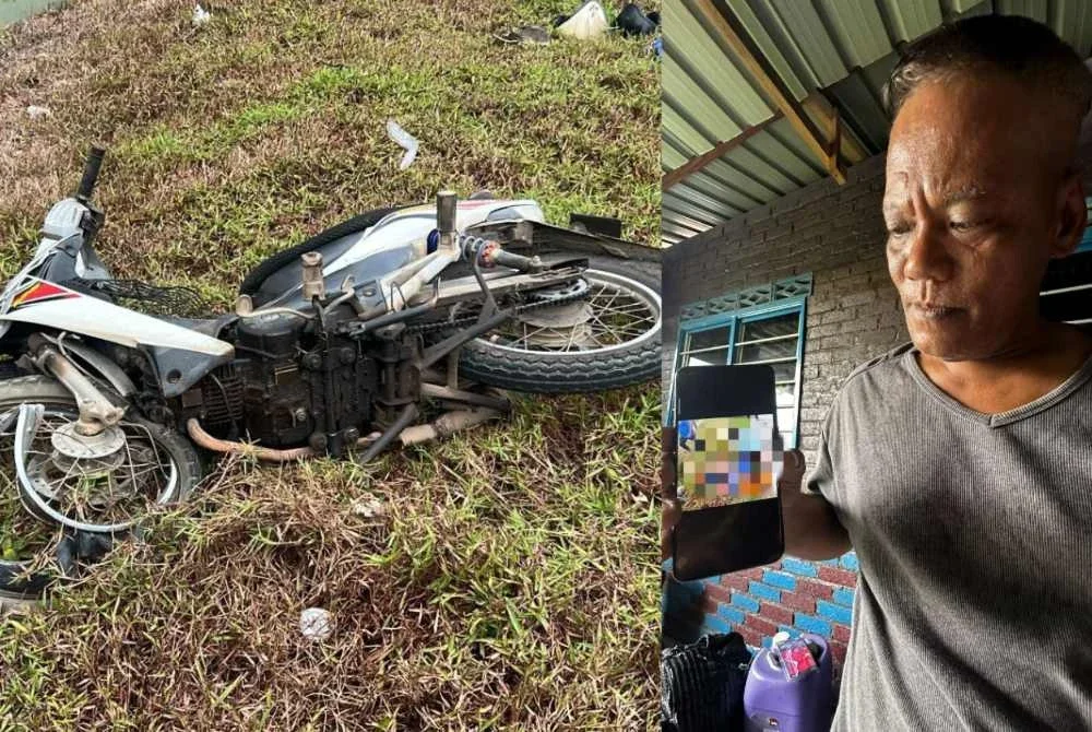 Noor Sham melihat video menunjukkan detik cemas kemalangan motosikal yang meragut nyawa Norman dan Pak Teh di Jalan Rencong, Lenga.