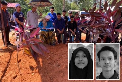Jenazah kedua-dua beradik itu dikebumikan dalam satu liang lahad di Tanah Perkuburan Islam Batas Ubi di Yan. - Gambar kecil (Siti Nur Zulaikha, Luqman Nulrois)