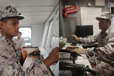 Sarbini (kanan) melaksanakan tugas sebagai Ketua Jurutera KM Bagan Datuk dan Abdul Hakim (kiri) antara pegawai terlibat dalam tugasan di KM Bagan Datuk menerusi Op Khas Pagar Laut.
