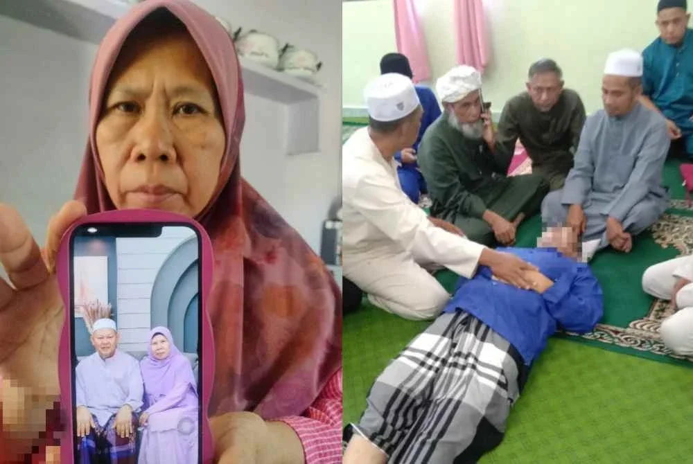 Latifah menunjukkan gambarnya bersama suami. Gambar kanan: Rusli Ab Wahab, 63, meninggal dunia ketika sedang menunaikan solat sunat Zuhur di Surau Taman Seri Jenaris pada 1 Syawal lalu.