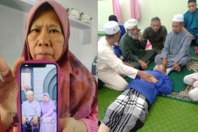Latifah menunjukkan gambarnya bersama suami. Gambar kanan: Rusli Ab Wahab, 63, meninggal dunia ketika sedang menunaikan solat sunat Zuhur di Surau Taman Seri Jenaris pada 1 Syawal lalu.