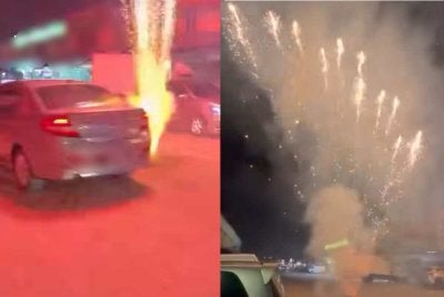 Tangkap layar video tular mercun yang dimainkan secara berbahaya di jalan raya Pasir Gudang pada Rabu lalu. 