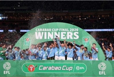 City berjaya menjulang Piala Liga selepas menewaskan Arsenal dalam aksi final di Stadium Wembley. - Foto AFP