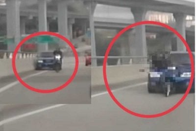 Foto tular memaparkan insiden sebuah kereta merempuh motosikal di Lebuhraya DUKE, Kajang pada Sabtu. 