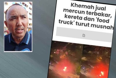 Kejadian kebakaran mengakibatkan kereta dan lori food truck musnah. Gambar kecil Mohd Jafni