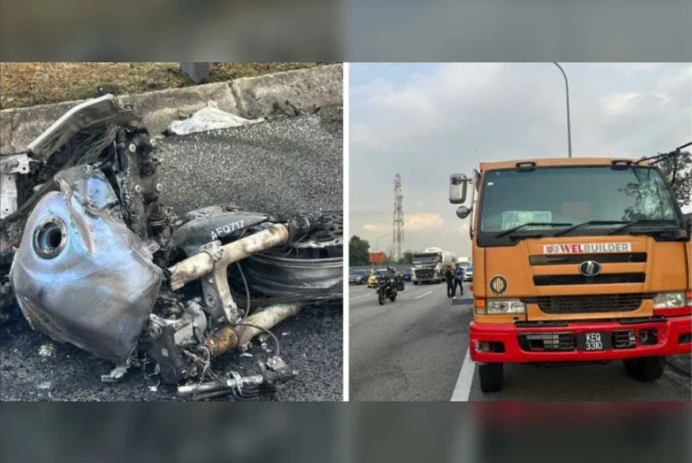 Seorang penunggang motosikal rentung selepas merempuh lori berhenti di lorong kecemasan. Foto ihsan polis