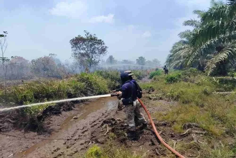 Operasi pemadaman kebakaran hutan di belakang PPR Pengerang terus dipergiat. Foto JBPM Johor