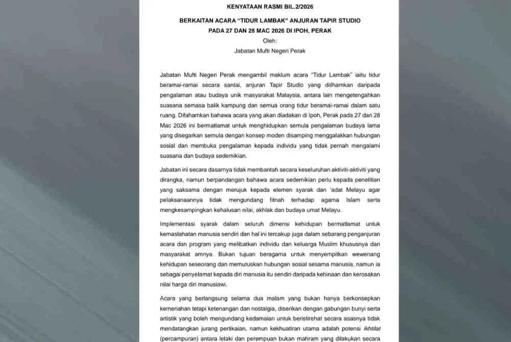Kenyataan dikeluarkan Jabatan Mufti Negeri Perak pada Jumaat. 