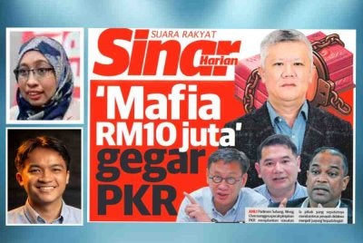 Laporan muka depan Sinar Harian pada Khamis mengenai 'Mafia RM10 juta' gegar PKR. Gambar kecil: Nurhayati, Arief