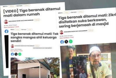 Laporan Sinar Harian mengenai kejadian tiga beranak ditemui maut dalam keadaan menyayat hati di Merbok, Sungai Petani.