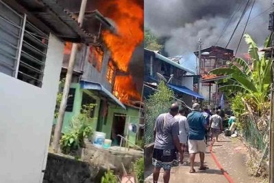 11 buah rumah dua tingkat jenis separa kekal di Kampung Din Manbo, Batu Ferringhi di sini musnah dalam kebakaran.