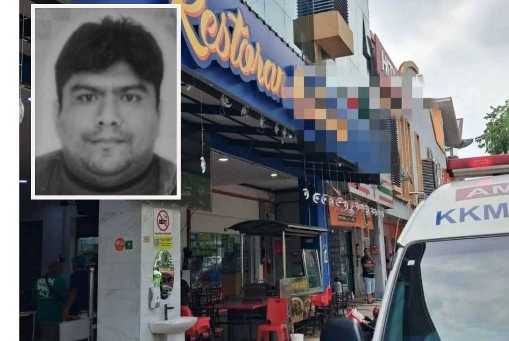 Kejadian tular seorang lelaki meninggal dunia selepas menjamu selere di restoran di Bukit Katil, Melaka. Gambar kecil: Allahyarham Muhammad Arif.