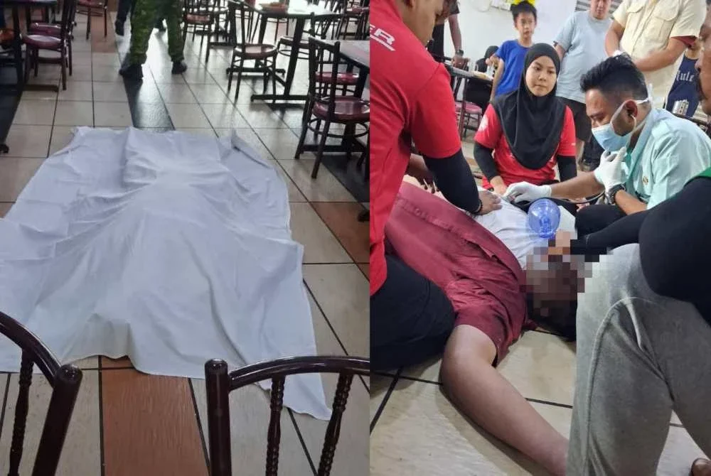 Mangsa diperiksa petugas kesihatan selepas didapati rebah dalam sebuah restoran di Bukit Katil, Melaka.