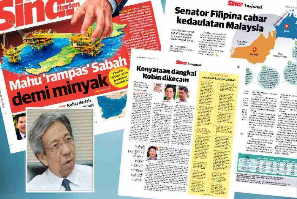 Laporan Sinar Harian mengenai kenyataan Senator Filipina, Robin Padilla menggesa Presiden Ferdinand Marcos Jr untuk menghidupkan semula tuntutan negara itu ke atas Sabah. Gambar kecil: Kok Seong