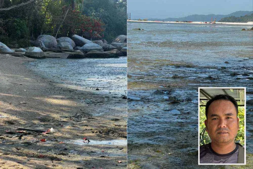Keadaan terkini Pantai Esen yang dicemari dengan selut tebal. Gambar kecil: Mohd Zuhair