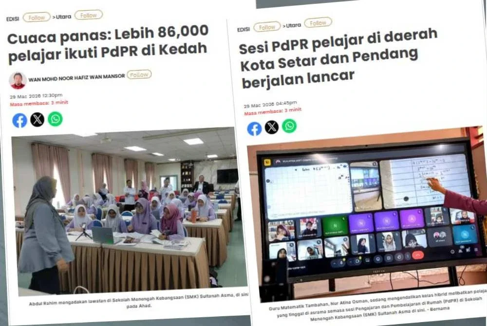 Laporan Sinar Harian berhubung sesi pembelajaran PdPR di Kedah susulan cuaca panas melanda negara.