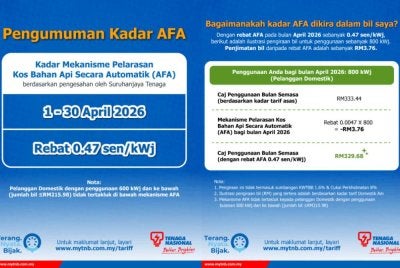 AFA tidak terpakai kepada pengguna domestik bawah 600 kWj dengan bil RM215.98. Foto X TNB