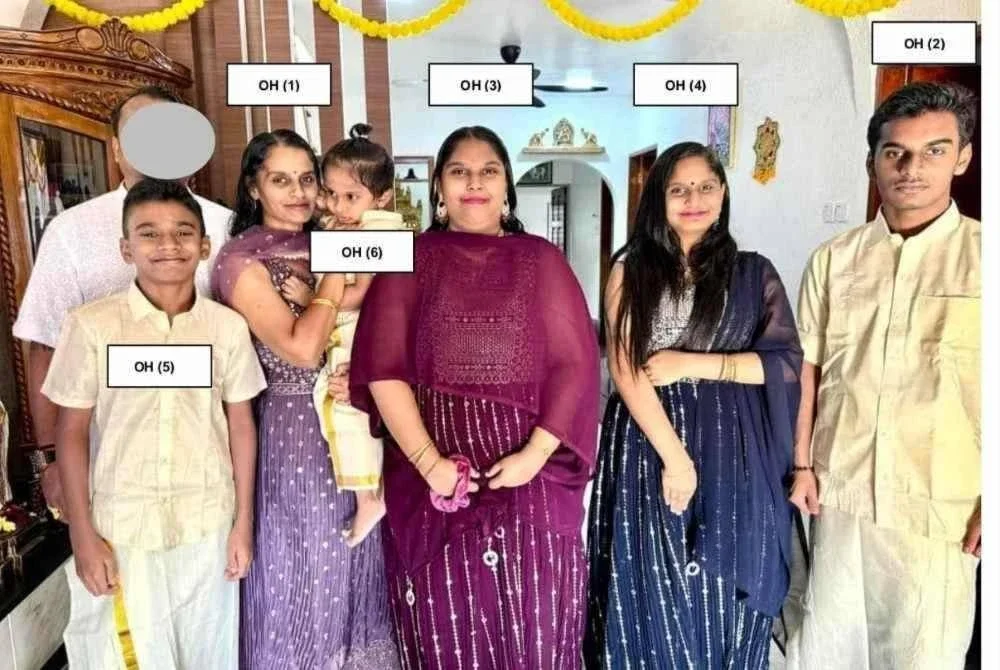 Enam sekeluarga dilaporkan hilang. Rekha (tiga dari kiri) bersama lima anaknya dilaporkan hilang pada Isnin. Foto Polis Bentong