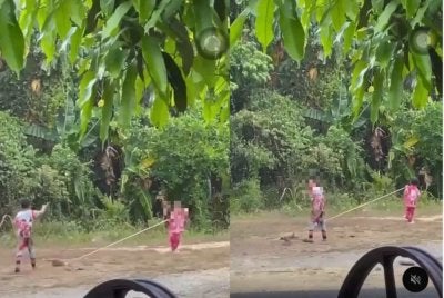 Tangkap layar video tular berdurasi 18 saat memaparkan seekor kucing dianiaya dua kanak-kanak sehingga mengundang kemarahan orang ramai.