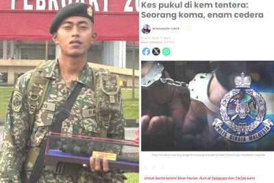 Akibat kejadian itu, Prebet Muhammad Amirul Raziq (gambar kiri) dilaporkan tidak sedarkan diri dan kini menerima rawatan rapi menggunakan alat bantuan pernafasan.
