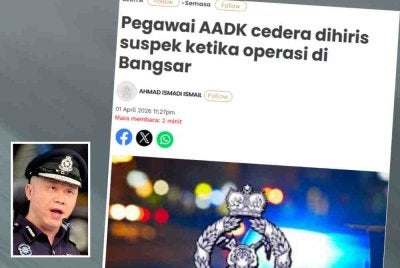 Laporan Sinar Harian pada Rabu mengenai pegawai AADK cedera dihiis suspek ketika operasi di Bangsar. Gambar kecil: Chang Hook