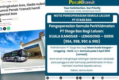 Notis pengoperasian semula perkhidmatan bas Perak Transit bagi laluan Kuala Kangsar-Lenggong-Gerik yang siarkan menerusi Facebook Perak Transit - Bus Services sebentar tadi.