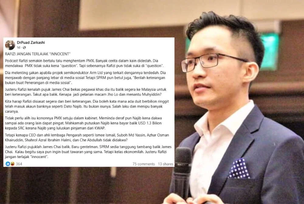 Mohd Puad menerusi hantaran di Facebook pada Khamis meminta Rafizi memujuk bekas pegawai khasnya, James Chai (gambar) untuk pulang ke tanah air dengan kadar segera bagi memberi keterangan kepada SPRM.