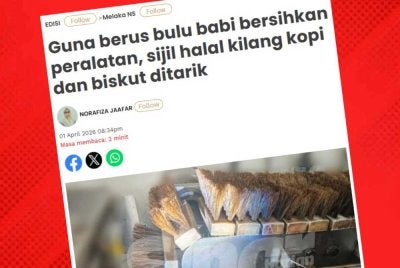 Laporan Sinar Harian berhubung penarikan sijil halal sebuah kilang memproses kopi dan biskut di Melaka kerana didapati menggunakan berus babi dalam kerja-kerja pembersihan peralatan.