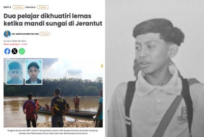 Laporan Sinar Harian pada Jumaat berhubung dua pelajar yang dikhuatiri lemas dipercayai dihanyutkan arus ketika mandi di sungai Kampung Durian Hijau, Jerantut. Kanan: Muhammad Danial Haikal. - FOTO: Bomba Pahang.