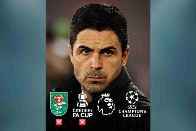 Skuad kendalian Mikel Arteta hanya berpeluang meraih dua lagi trofi musim ini. Foto: Agensi
