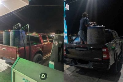 Dua lelaki yang sedang leka mengisi diesel ke dalam tong dram di sebuah stesen minyak di Lahad Datu ditahan pada tengah malam Ahad.