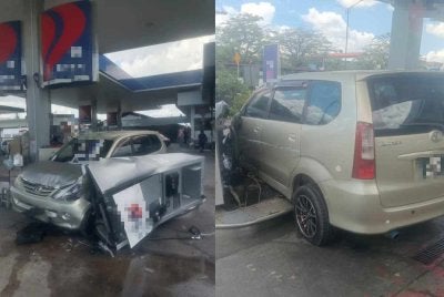 Sebuah MPV terbabas dan merempuh pam minyak selepas pemandunya mengisi diesel di salah sebuah stesen minyak pada Ahad.