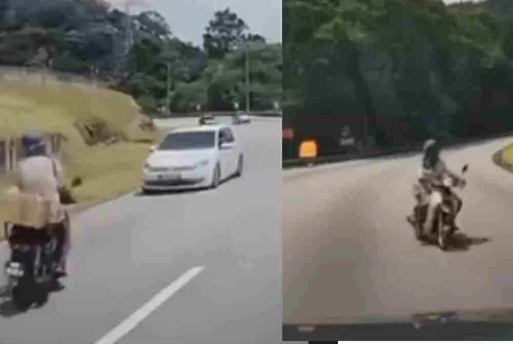 Tangkap layar rakaman video tular memaparkan seorang penunggang motosikal melawan arus di Lebuhraya Karak di sini pada 2 April lalu.
