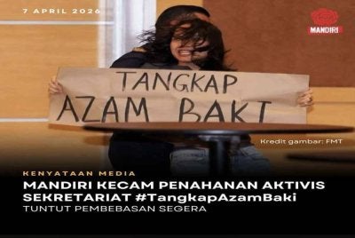  Mandiri menuntut kebebasan segera ketiga-tiga aktivis yang ditahan pihak berkuasa. Kredit: Facebook Mandiri