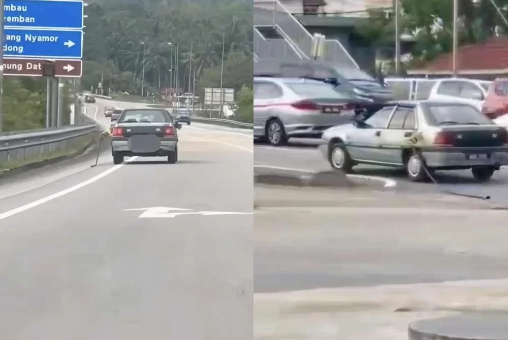 Tangkap layar video tular sebuah kereta Proton Iswara Aeroback dipandu dengan nozel pam minyak tergantung.