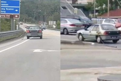 Tangkap layar video tular sebuah kereta Proton Iswara Aeroback dipandu dengan nozel pam minyak tergantung.
