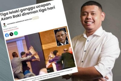 Laporan Sinar Harian mengenai tiga lelaki direman bagi membantu siasatan berhubung tindakan mengganggu ucapan Azam dalam satu forum pada Selasa. Gambar kecil: Danish 