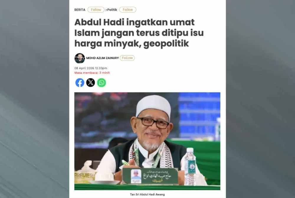 Laporan Sinar Harian pada Rabu berhubung kenyataan dikeluarkan Abdul Hadi berkaitan isu minyak.