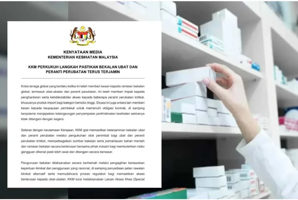 KKM dalam satu kenyataan memaklumkan pihaknya sedang giat memastikan keterjaminan bekalan melalui pengukuhan stok penimbal bagi ubat dan peranti kritikal serta mempelbagaikan sumber bekalan.