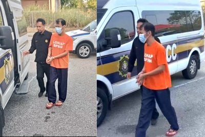 Suspek (kanan) yang tiba dengan kenderaan pihak berkuasa di mahkamah.
