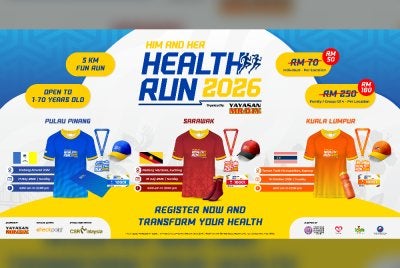 Gambar poster inisiatif Him & Her Health Run 2026, yang dijadual berlangsung di tiga lokasi melibatkan Pulau Pinang pada 17 Mei, Sarawak (19 Julai) dan Kuala Lumpur (18 Oktober) tahun ini.