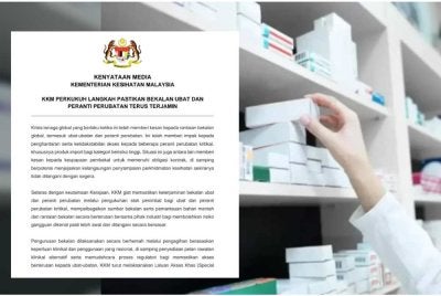 KKM dalam satu kenyataan memaklumkan pihaknya sedang giat memastikan keterjaminan bekalan melalui pengukuhan stok penimbal bagi ubat dan peranti kritikal serta mempelbagaikan sumber bekalan.