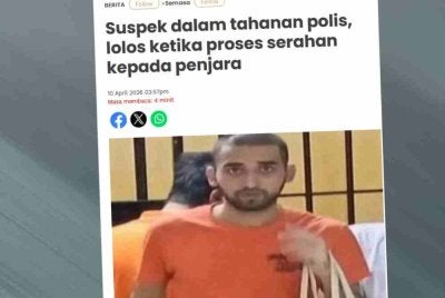 Laporan Sinar Harian mengenai suspek dalam tahanan polis lolos ketika proses serahan kepada penjara.